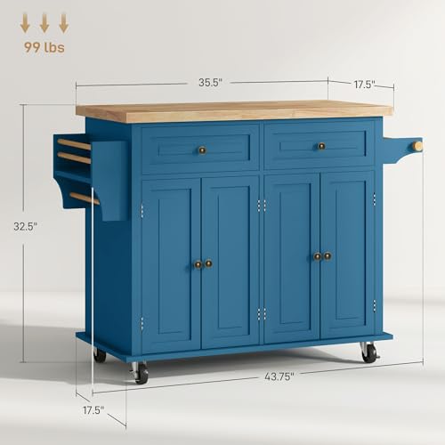 HOMCOM Kitchen Island Cart with Solid Wood Top 44" Mobile Turquoise | Kitchen Island Table, on Wheels, Storage Cabinets, 2 Drawers, Adjustable Shelves, Spice Rack & Towel Bar, for Dining Room - color: Turquoise