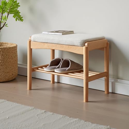 Solid Wood Shoe Bench, Small Entryway Bench with Light Gray Cushion | Natural oak finish with visible wood grain and soft cushion creates a compact, stylish seat for small spaces. - color: Natural + Light Gray Cushion, size: 17.71"