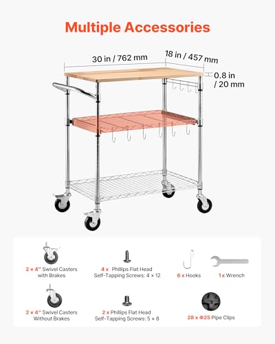 VEVOR Kitchen Utility Cart, 3 Tier Heavy Duty Adjustable Wire Storage Rack with Wood Tabletop and Handle Bar, Rolling Portable Service Trolley on Wheels, 661 lbs Steel Work Table, 30x18x36 in - size: 18"D x 30"W x 36"H Table top