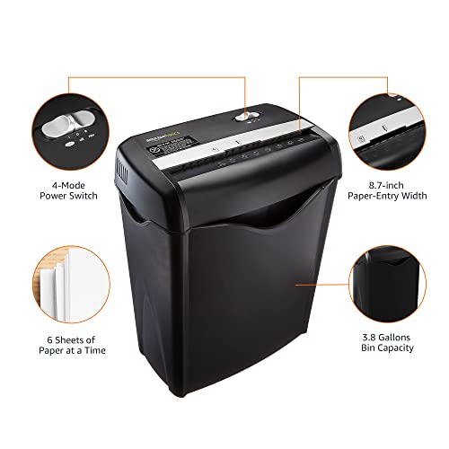Amazon Basics 6-Sheet Cross-Cut Paper and Credit Card Shredder with 3.8 Gallon Bin, Shreds Staples, Black - color: Black, size: 6 Sheet