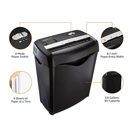 Amazon Basics 6-Sheet Cross-Cut Paper and Credit Card Shredder with 3.8 Gallon Bin, Shreds Staples, Black - color: Black, size: 6 Sheet
