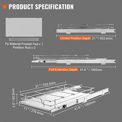VEVOR 12.5"Wx21"Dx3.5"H Pull Out Cabinet Organizer, Heavy Duty Slide Out Pantry Shelves, Chrome-Plated Steel Roll Out Drawer, Drawer Storage for Home Under Sink, 14"Wx22"Dx7"H Install Size for Cabinet - size: 12.5"Wx21"D