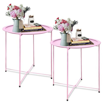 Garden 4 you End Table 2 PCS Metal Side Table Pink Round Folding Tray Cyan Sofa Small Accent Fold-able Table, Round End Table Tray, Next to Sofa Table, Snack Table for Living Room and Bed Room - color: Pink