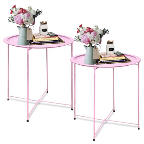 Garden 4 you End Table 2 PCS Metal Side Table Pink Round Folding Tray Cyan Sofa Small Accent Fold-able Table, Round End Table Tray, Next to Sofa Table, Snack Table for Living Room and Bed Room - color: Pink