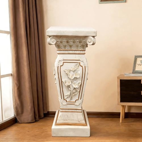 European Style Floral Carved Roman Column Pedestal - Resin Decorative Pillar Stand, Indoor / Outdoor Elegant Display Table for Garden, Courtyard, Statues & Home Ornaments(22.05" H x 9.06" W )