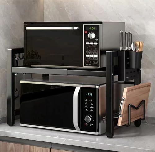 Extendable Microwave Oven Rack, 15.7~24.8" L Expandable Microwave Stand with Storage Shelf Heavy Duty with 6 Hooks and Chopsticks Cutting Board Holder for Kitchen Countertop - color: Black