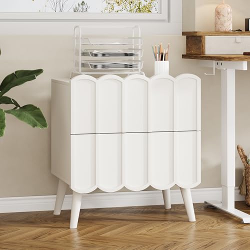 Modern Set of 2 Fluted Nightstand for Bedroom, White Wood Bedside Table | Wood End Side Table with Arch Curved Design, Night Stand with 2 Drawer - color: White, size: 2 Pack