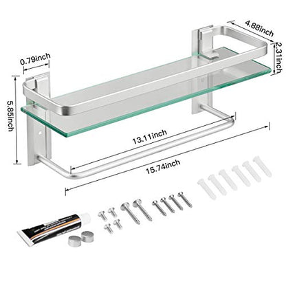 VOLPONE Glass Shelf with Towel Bar 15.7in Silver Bathroom Shelf Wall Mount Rustproof Bathroom Wall Organizer 1 Tier (Silver) - style: 1 tier with towel bar silver