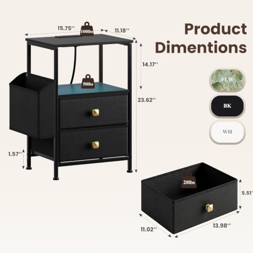 MALOL Night Stand with Charging Station & Led Light Strip, Bedside Table with Open Shelf & 2 Fabric Drawers and Reversible Side Storage Pocket, Modern End Table Bedroom,Living Room,Black - color: Black, size: Set of 1