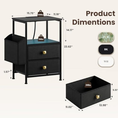 MALOL Night Stand with Charging Station & Led Light Strip, Bedside Table with Open Shelf & 2 Fabric Drawers and Reversible Side Storage Pocket, Modern End Table Bedroom,Living Room,Black - color: Black, size: Set of 1