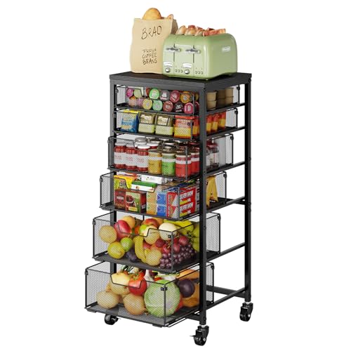 6-Tier Kitchen Storage Cart -Fruit Vegetable Storage Cart with Drawers, Wooden Top Metal Wire Kitchen Organizer and Storage Cart with Wheels to Storage Onions Potatoes Cans Snacks for Kitchen - size: 6-Tier Black