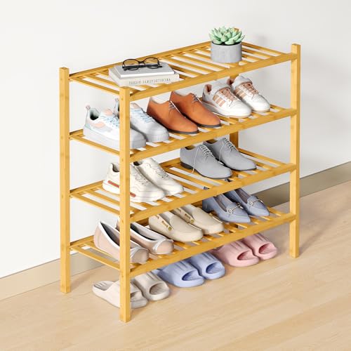 Smiry Bamboo Shoe Rack for Closet, 4 Tier Wooden Shoe Organizer, Stackable Wood Shoe Storage Shelf for Entryway, 14 Vertical Slats, 2+2 Stack Heavy-Duty Legs, 26.77"x11.02"x25.98", Natural - color: Natural, size: 4 Tier - Medium