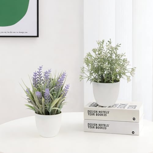2 Pack Small Fake Plants, Artificial Lavender Plants for Spring and Summer Decor, Faux Plants Indoor for Bathroom, Office, Table, Shelf and Home Decor