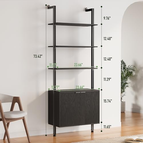 INNOD 74" Tall Bookshelf with Storage Cabinet, Modern Ladder Shelf with Wood and Metal Frame, Wall Mount Bookcase Open Display Shelf Furniture for Living Room, Bedroom, Home Office，Black - color: Black