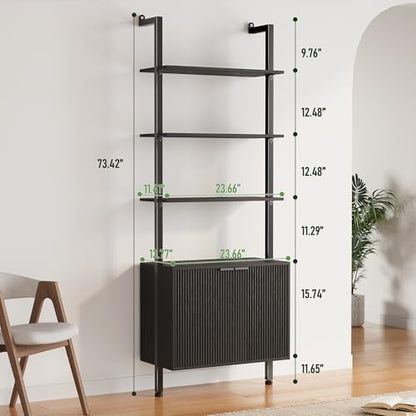 INNOD 74" Tall Bookshelf with Storage Cabinet, Modern Ladder Shelf with Wood and Metal Frame, Wall Mount Bookcase Open Display Shelf Furniture for Living Room, Bedroom, Home Office，Black - color: Black