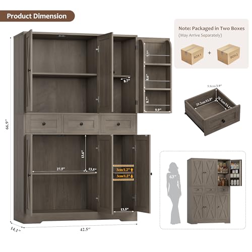 HOSTACK Farmhouse Kitchen Pantry Storage Cabinet with 3 Drawers, Ash Gray | 67"H Large Food Pantry Cabinet with Swing-Out Door Rack & Adjustable Shelf for Kitchen, Dining room, Living room - color: Ash Gray