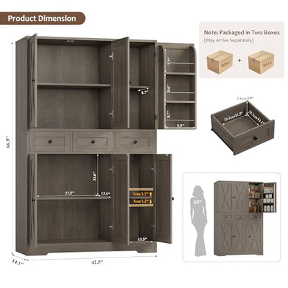 HOSTACK Farmhouse Kitchen Pantry Storage Cabinet with 3 Drawers, Ash Gray | 67"H Large Food Pantry Cabinet with Swing-Out Door Rack & Adjustable Shelf for Kitchen, Dining room, Living room - color: Ash Gray