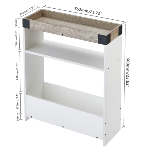 Farmhouse Narrow Side Table with Tray Top & Magazine Rack, Oak & White Sofa Couch Side Table with Storage Shelf, 24" Slim End Table for Small Spaces, Modern Nightstand for Bedroom, Living Room - color: White & Oak