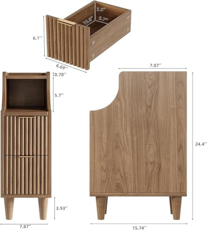 7.9" Narrow Fluted Nightstand Set of 2,Slim Side End Table with 2 Drawers,Black Modern Bedside Table,Skinny Night Stand for Small/Compact Space, Motorhome (Walnut) - color: Walnut