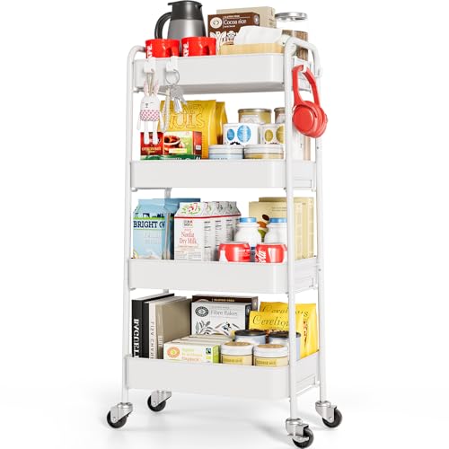 TOOLF 4 Tier Metal Rolling Cart, Utility Storage Cart with Wheels, White | Screwless Assembly, Lockable Metal Wheels, Trolley Organizer for Bathroom, Kitchen, Office, Dorm, Laundry, Craft Room - color: White, size: 4-Tier