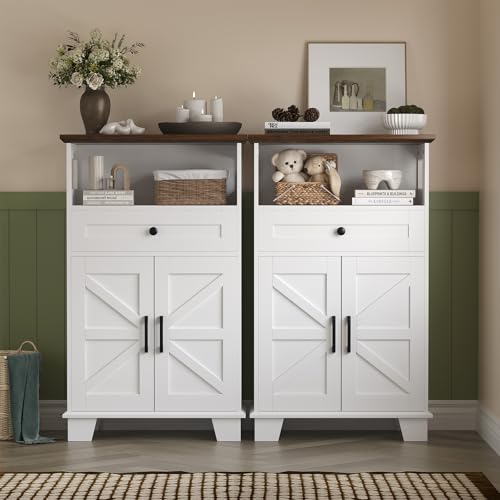 Hawkrown Farmhouse Bathroom Storage Cabinet with Drawer & Adjustable Shelves, White 23.6" Wide Freestanding Floor Cabinet, Barn Door, Sturdy Wood, for Kitchen, Entryway (23.6 * 11.8 * 39.3" (Floor))