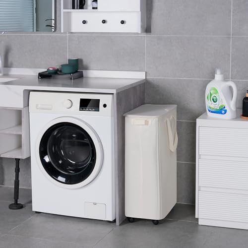 Vincona Slim Laundry Hamper with Lid and Wheels, Small Rolling Laundry Basket with Handle for Small Spaces, Tall Dirty Clothes Hampers for Dorm, Bathroom and Bedroom, 75L, Beige - size: 75L