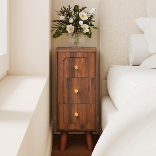 Small Nightstand Set of 2, Narrow Nightstand Slim Couch Side Table with Drawers, Wood End Tables with Storage for Living Room, Bedroom, Small Spaces (Walnut-2pcs) - color: 3drawers-walnut-2pcs