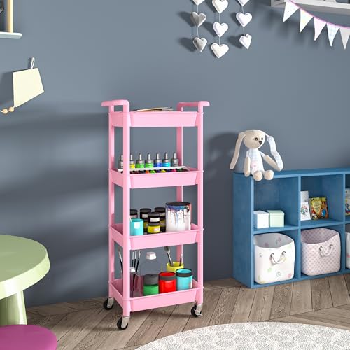 MIOCASA Utility Rolling Cart with Detachable Tray Top, 4-Tier Kitchen Storage Organization, Art Cart with Wheels for Office, Classroom, Livingroom, Kitchen, Bathroom (Pink, 4-Tier-Plastic) - size: 4-Tier, style: Pink