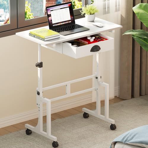 Cidaziya Adjustable Height Standing Desk for Walking Pad Treadmill, Portable Rolling Desk for Laptop with Drawer, Small Moblie Sit to Stand Desk On Wheels with Stiffener for Home Office Dorm Bedroom - color: White, size: With Drawer