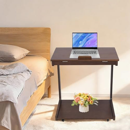 Wooden C-Shaped End Table, Rolling Side Table, Couch Table with Adjustable Desktop, Couch Desk with Wheels, for Couch, Living Room, Bedroom, 23.62" D x 15.35" W x 24.8" H, Walnut-Colored