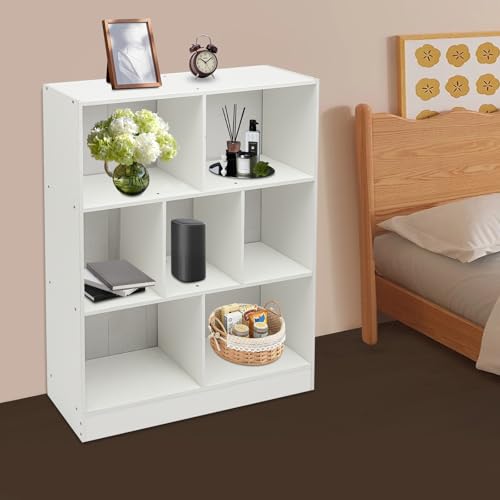7 Cube Bookshelf Modern Display Cabinet, Horizontal Open Shelf Low Bookcase with 7Compartments, Free-Standing Wooden Bookcase with Back Panel for Study, Bedroom, Living Room (Warm White) - color: Warm White
