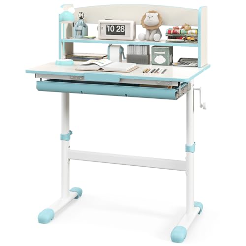 HONEY JOY Kids Desk, Children School Study Desk w/ 7-Level Tiltable Desktop, Height Adjustable Wooden Table w/Bookshelf & Pull-Out Drawer, Student Writing Workstation, Desk for Girls Boys (Blue) - color: Blue, size: 31.5” x 20” x 41” (L x W x H)