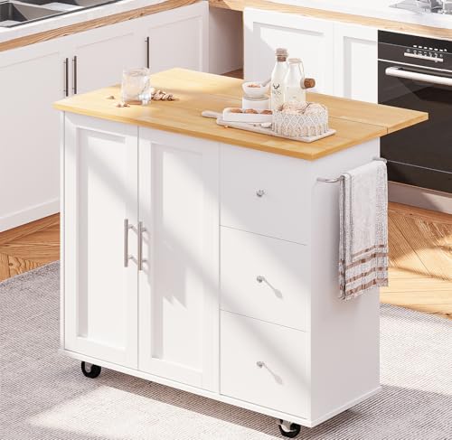 SUNLEI Kitchen Island with Storage Cabinet & Foldable Drop Leaf, Buffet Sideboard Cabinet, Cart Handle for Towel Rack, Drop Leaf, Portable Islands for Kitchen (Stylish White, 39.7-INCH) - size: 39.7 INCH, style: White
