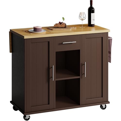 SUNLEI Rolling Kitchen Island Cart with Wheels, Island Table for Kitchen, Farmhouse Kitchen Cart with Drop Leaf & Towel Rack & Drawer, Kitchen Islands Table with Storage Cabinet, Brown - style: Brown
