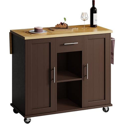 SUNLEI Rolling Kitchen Island Cart with Wheels, Island Table for Kitchen, Farmhouse Kitchen Cart with Drop Leaf & Towel Rack & Drawer, Kitchen Islands Table with Storage Cabinet, Brown - style: Brown
