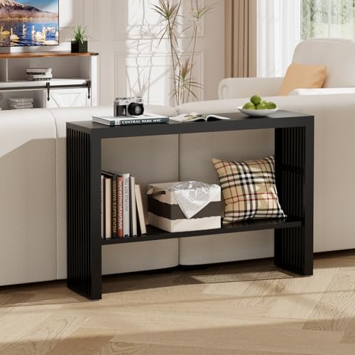 47-Inch Console Table with Storage, 2-Tier Narrow Entryway Table,Black | 100% Natural Bamboo slim profile, reinforced angled frame versatile wall-side placement - color: Black, style: 2-TIER