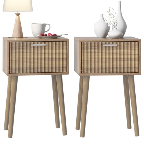 LAATOOREE Nightstands Set of 2, Small Size Side End Table, Bedside Table with Fluted Door, Solid Wood Feet; for Bedroom, Small Bed - color: Rustic Walnut, style: Fluted Style