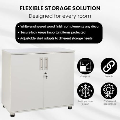 MMT Storage Cupboard, Storage Cabinet, File Cabinet for Office Documents, Garage Tools, Utility, White Wood, Lockable, 31.5" Long
