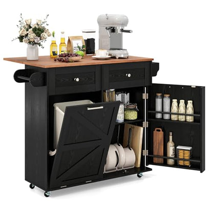 Giantex Kitchen Island Cart with Hidden Tilt Out Trash Can Cabinet, Drop Leaf, 2 Drawers, Towel Rack, Rolling Mobile Breakfast Bar Table, Wood Kitchen Storage Cart on Wheels (Black & Natural) - color: Black