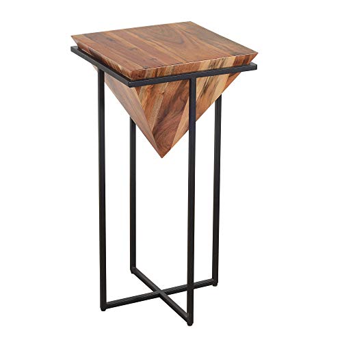 The Urban Port 30 Inch Pyramid Shape Wooden Side Table | Brown Finish, Cross Black Metal Base, Modern Accent End Table, For Living Room, Bedroom, Entryway, Lounge, Home Decor Display - size: 30-Inch