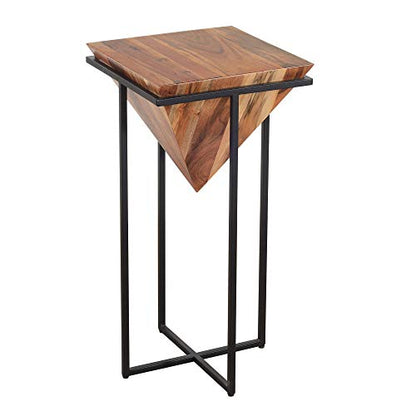 The Urban Port 30 Inch Pyramid Shape Wooden Side Table | Brown Finish, Cross Black Metal Base, Modern Accent End Table, For Living Room, Bedroom, Entryway, Lounge, Home Decor Display - size: 30-Inch