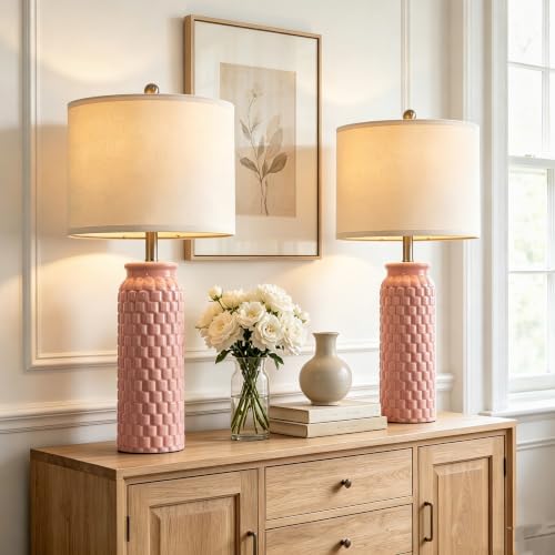 USumkky 27" Ceramic Table Lamps Set of 2 - Modern Farmhouse & Boho Style, Bedside Nightstand Lamps for Bedroom, Living Room End Table Lamps, Small Desk Lamp(Pink) - color: 27" Pink-2 Pack