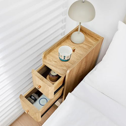 Narrow End Table Bedroom, Wooden Small 2 Drawer Nightstand, Thin Couch Side End Table, Skinny Bedside Table Small Spaces, Mid Century Modern Night Stand with Drawers (Natural-1 pc) - color: Natural-1 Pc