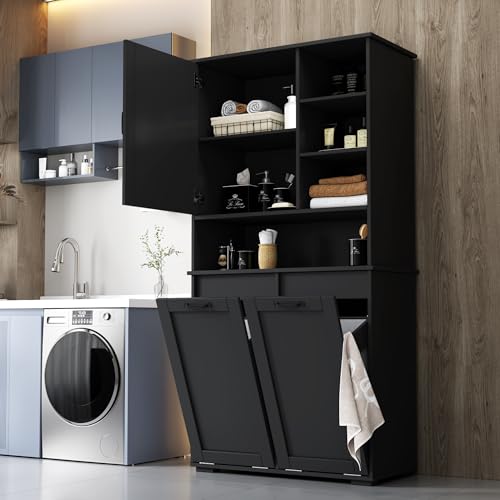 62.99''Tall Bathroom Cabinet with Tilt-Out Hamper Baskets, Modern Storage Organizer Unit with Adjustable Shelves, Freestanding Wood Floor Cabinet for Kitchen Bathroom Dining Room, Black - color: Black, size: 15.75"D x 31.5"W x 62.99"H