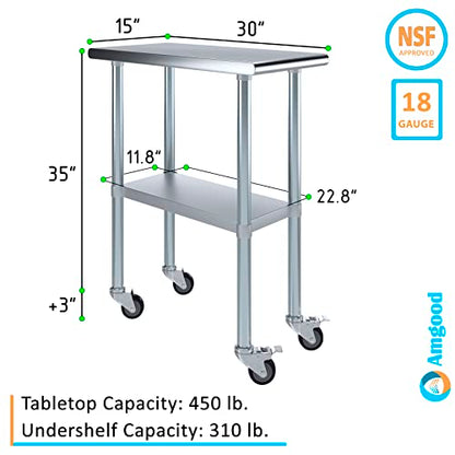 AmGood 15" Long x 30" Deep Stainless Steel Table with Casters - size: 15" Long x 30" Deep
