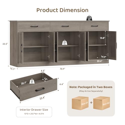 HOSTACK 71" W Farmhouse Kitchen Sideboard Buffet Cabinet with Storage, Grey | Large Coffee Bar Cabinet with 3 Wide Drawers, Long Buffet Table with Shelves, Kitchen Storage Cabinet for Dining Room - color: Ash Grey