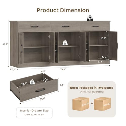 HOSTACK 71" W Farmhouse Kitchen Sideboard Buffet Cabinet with Storage, Grey | Large Coffee Bar Cabinet with 3 Wide Drawers, Long Buffet Table with Shelves, Kitchen Storage Cabinet for Dining Room - color: Ash Grey