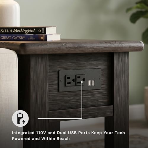 Signature Design by Ashley Narrow Chairside End Table with Charging Station | Smooth-gliding remote drawer, Lower display shelf, Rustic 2-tone finish, Tyler Creek Series - color: Black