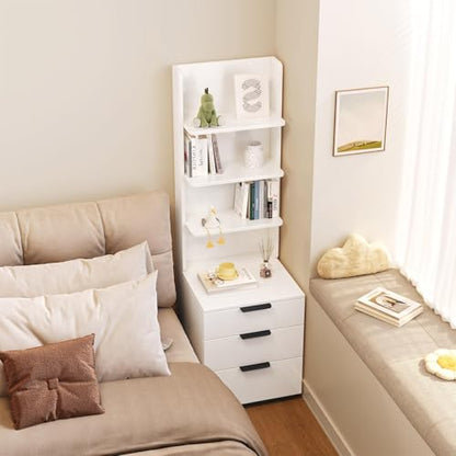 Night Stand, Tall Nightstand with 4-Tier Shelves and 3 Drawers, Bed Side Table for Bedroom, Hallway, Study Room and Home Office
