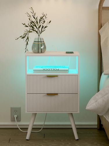 Leomonio Nightstand with Charging Station and LED Lights, Modern Bedside Table with 2 Storage Drawer and Open Wood Shelf for Bedroom and Small Spaces, Night Stand with Solid Wood Legs - color: White-outlet